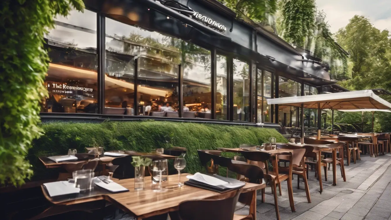 Außenterrasse Restaurant – gedeckte Holztische & warme Atmosphäre
